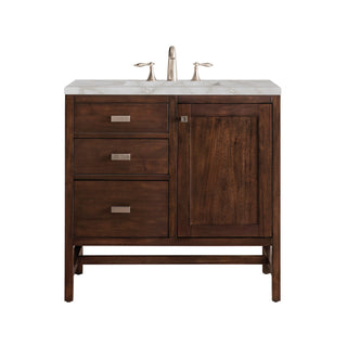 36 Inch Addison Freestanding Vanity in Mid-Century Acacia / Victorian Silver Top