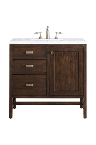36 Inch Addison Freestanding Vanity in Mid-Century Acacia / Carrara White Top