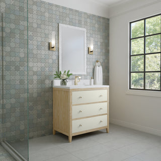36 Inch Celeste Freestanding Vanity in Sunwashed Oak with Embossed Shagreen Drawer Fronts / White Zeus Top