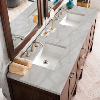72 Inch Addison Freestanding Vanity in Mid-Century Acacia / Victorian Silver Top