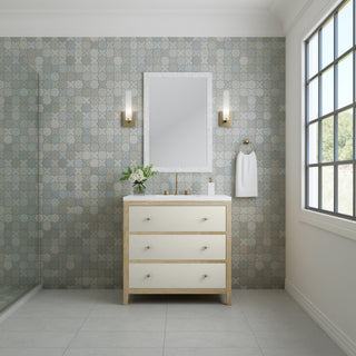 36 Inch Celeste Freestanding Vanity in Sunwashed Oak with Embossed Shagreen Drawer Fronts / White Zeus Top