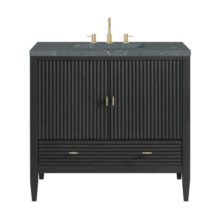 36 Inch Myrrin Freestanding Vanity in Carbon Oak / Parisien Bleu Top