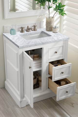 31.25 Inch De Soto Freestanding Vanity in Bright White / Carrara White Top