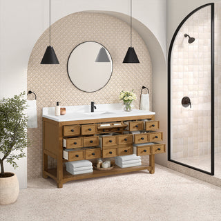 60 Inch Malibu Freestanding Vanity in Amber Birch / White Zeus Top