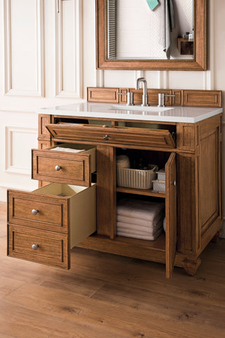 36 Inch Bristol Freestanding Vanity in Saddle Brown / White Zeus Top