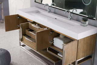 72.375 Inch Columbia Freestanding Vanity in Latte Oak / Glossy White Top