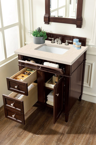 30 Inch Brittany Freestanding Vanity in Burnished Mahogany / Eternal Marfil Top