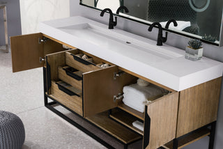 72.375 Inch Columbia Freestanding Vanity in Latte Oak / Glossy White Top