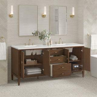 72 Inch Myrrin Freestanding Vanity in Mid-Century Walnut / White Zeus Top