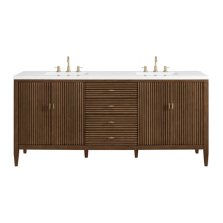72 Inch Myrrin Freestanding Vanity in Mid-Century Walnut / White Zeus Top