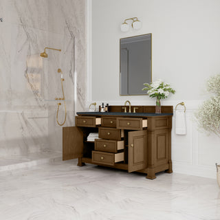 60 Inch Brookfield Freestanding Vanity in Honey Oak / Charcoal Soapstone Top