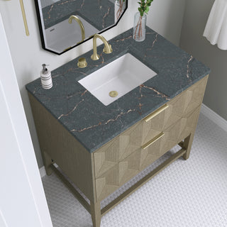 36 Inch Emmeline Freestanding Vanity in Pebble Oak / Parisien Bleu Top