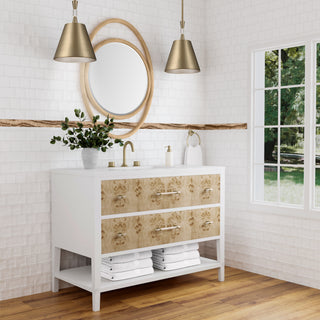 48 Inch Olena Freestanding Vanity in Polished White and Light Mappa Burl / White Zeus Top