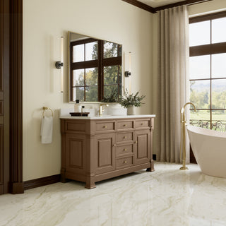 60 Inch Brookfield Freestanding Vanity in Pecan / White Zeus Top