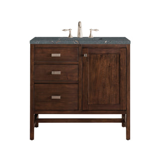 36 Inch Addison Freestanding Vanity in Mid-Century Acacia / Parisien Bleu Top