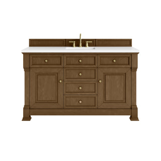 60 Inch Brookfield Freestanding Vanity in Honey Oak / White Zeus Top