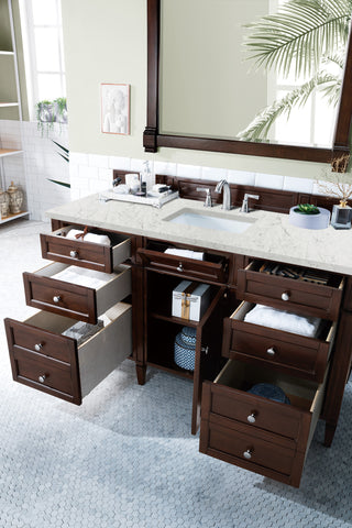 60 Inch Brittany Freestanding Vanity in Burnished Mahogany / Eternal Jasmine Pearl Top