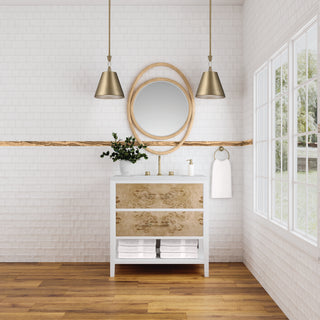36 Inch Olena Freestanding Vanity in Polished White and Light Mappa Burl / White Zeus Top