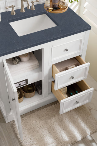 37.25 Inch De Soto Freestanding Vanity in Bright White / Charcoal Soapstone Top