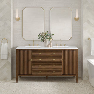 60 Inch Myrrin Freestanding Vanity in Mid-Century Walnut / White Zeus Top