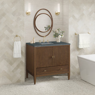 36 Inch Myrrin Freestanding Vanity in Mid-Century Walnut / Parisien Bleu Top