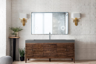 72.5 Inch Linear Freestanding Vanity in Mid-Century Walnut / Dusk Grey Glossy Top